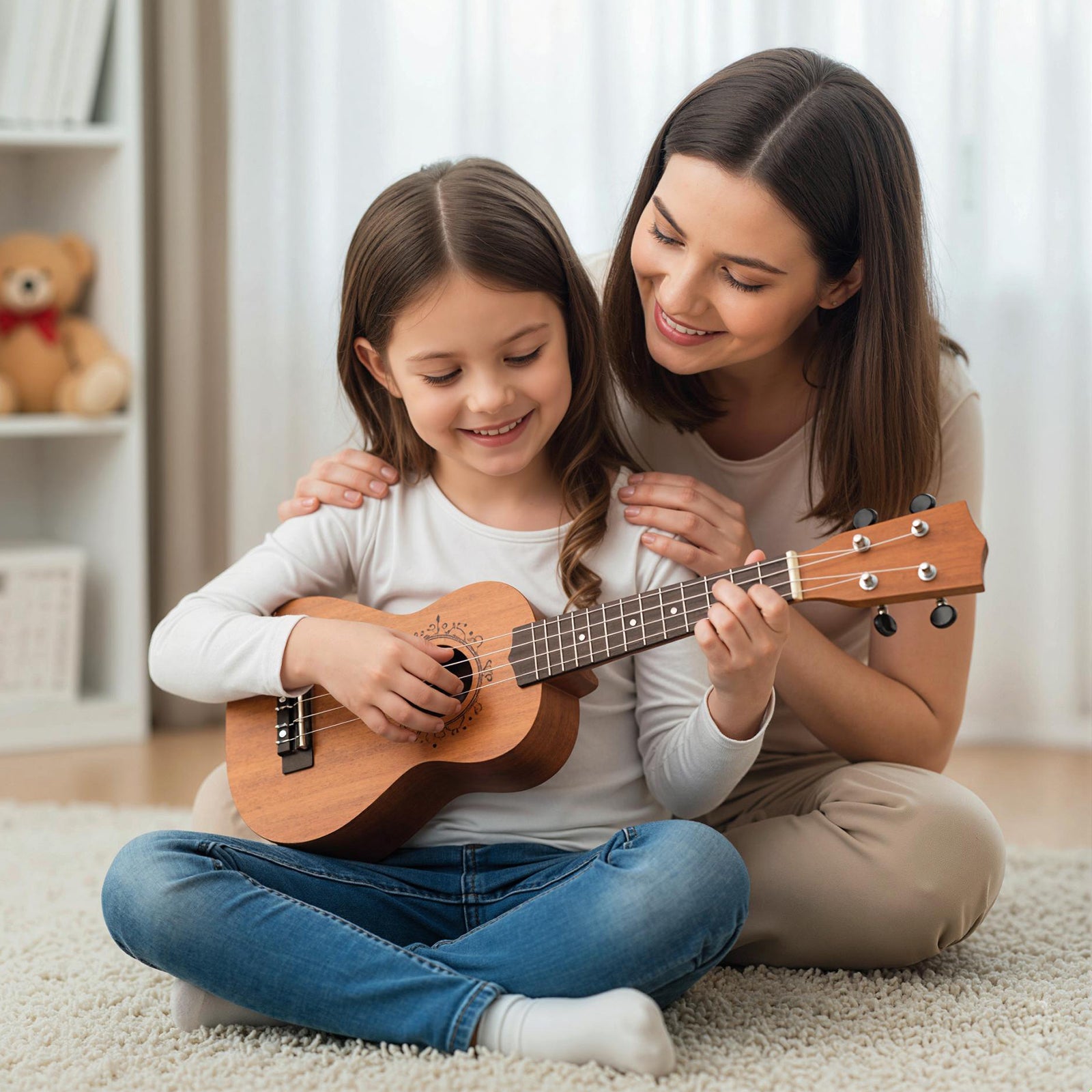 21 Inch Soprano Mahogany Wooden Ukelele Set with Adjustable Strap, Natural Guitar & Strings at Gallery Canada