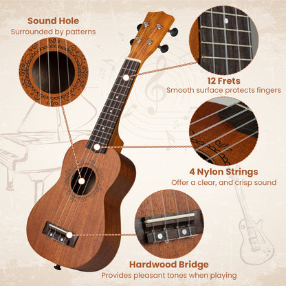 21 Inch Soprano Mahogany Wooden Ukelele Set with Adjustable Strap, Natural Guitar & Strings at Gallery Canada