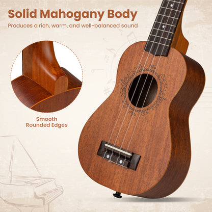 21 Inch Soprano Mahogany Wooden Ukelele Set with Adjustable Strap, Natural Guitar & Strings at Gallery Canada