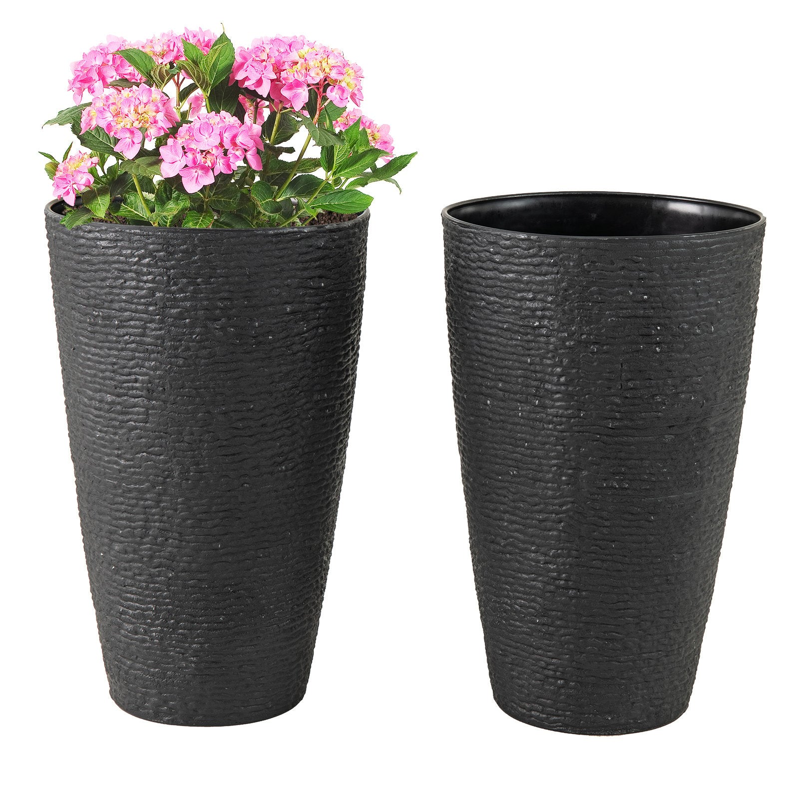 21 Inch Tall Round Plastic Planters Set of 2 Flower Pots with Drainage System, Black Raised Garden Beds Black at Gallery Canada