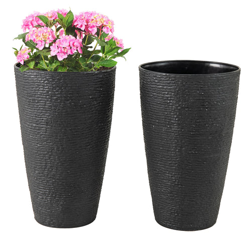 21 Inch Tall Round Plastic Planters Set of 2 Flower Pots with Drainage System, Black