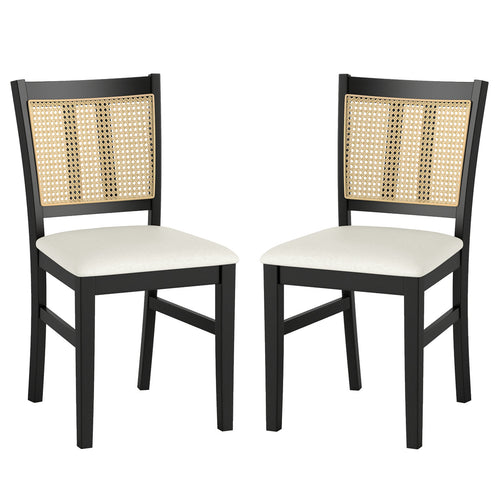 Farmhouse Rattan Dining Chair Set of 2 with Rubber Wood Legs and Cane Back, Beige