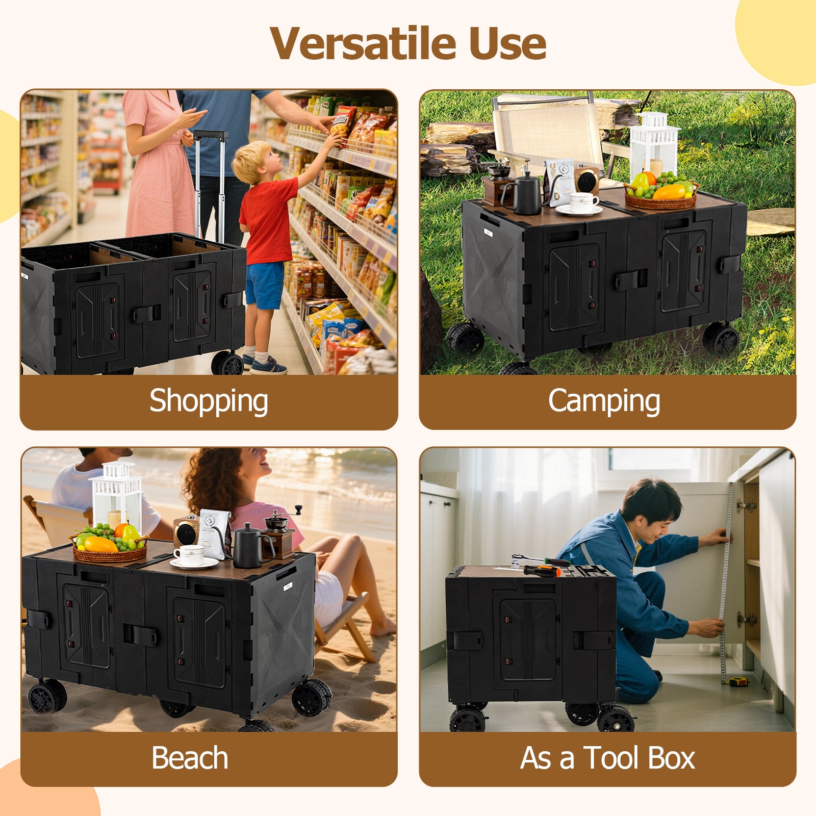 Large Foldable Utility Cart with 2-Tier Storage Crates and Telescoping Handle, Black Camping Furniture at Gallery Canada