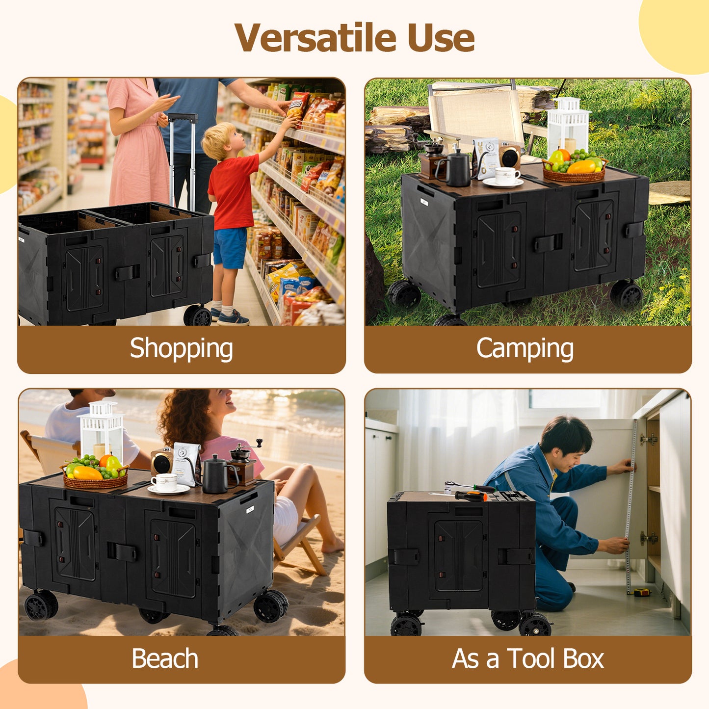 Large Foldable Utility Cart with 2-Tier Storage Crates and Telescoping Handle, Black Camping Furniture at Gallery Canada