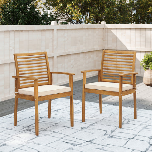 Outdoor Patio Dining Chairs Set of 2 with Removable Padded Cushion and Slatted Backrest, Beige