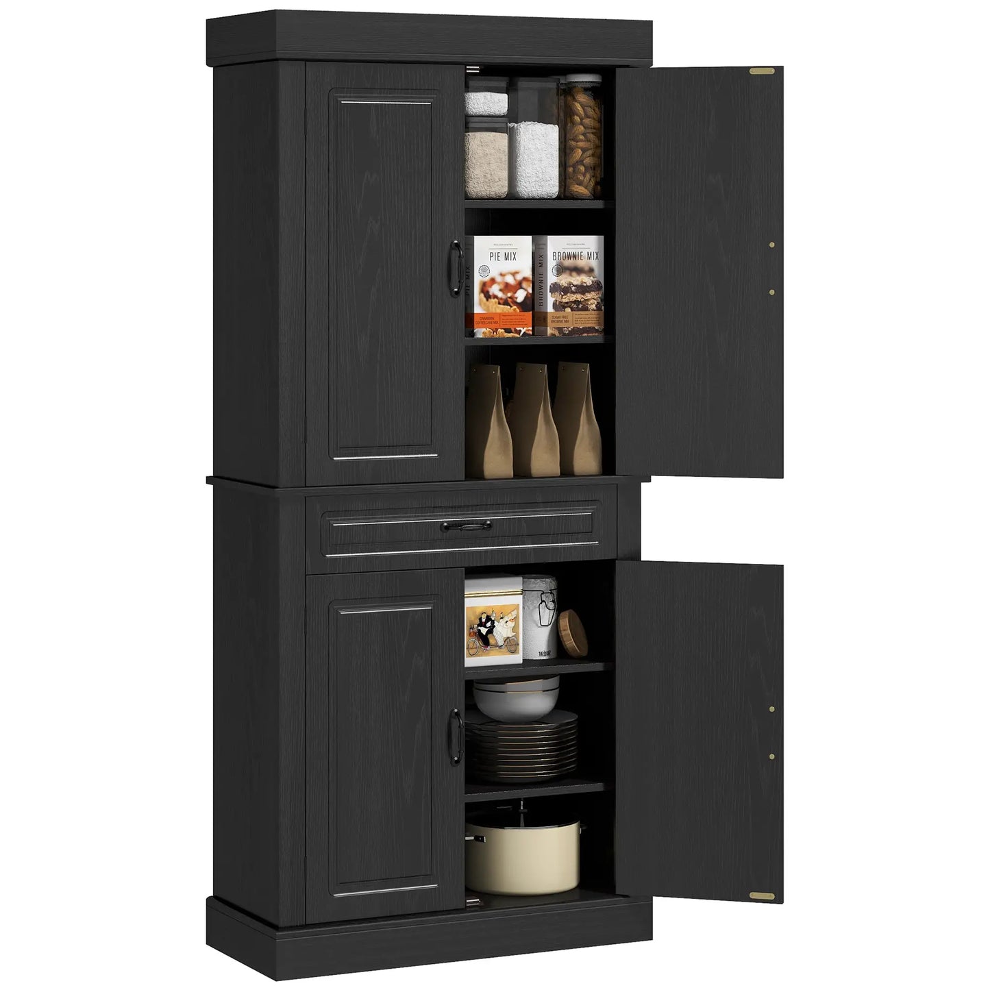 71" Freestanding Kitchen Pantry, 4 Doors 2 Cabinets, Distressed Black, Black Kitchen Pantry Cabinets at Gallery Canada