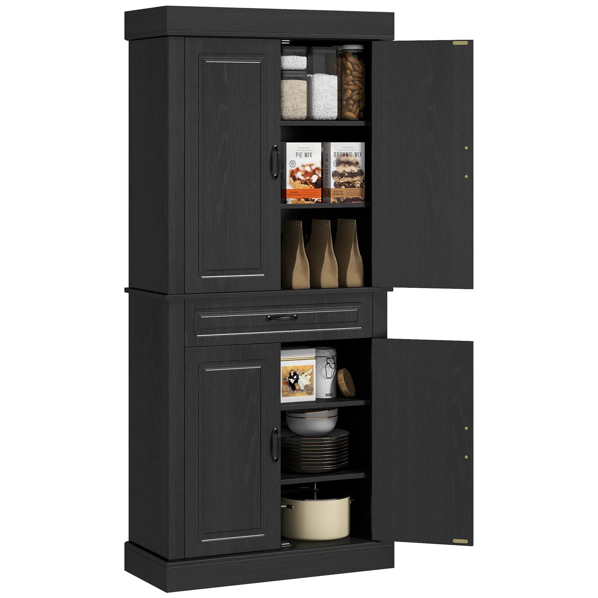 71" Freestanding Kitchen Pantry, 4 Doors 2 Cabinets, Distressed Black, Black Kitchen Pantry Cabinets at Gallery Canada