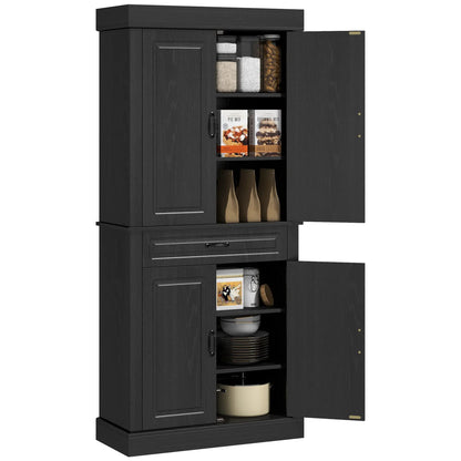 71" Freestanding Kitchen Pantry, 4 Doors 2 Cabinets, Distressed Black, Black Kitchen Pantry Cabinets at Gallery Canada