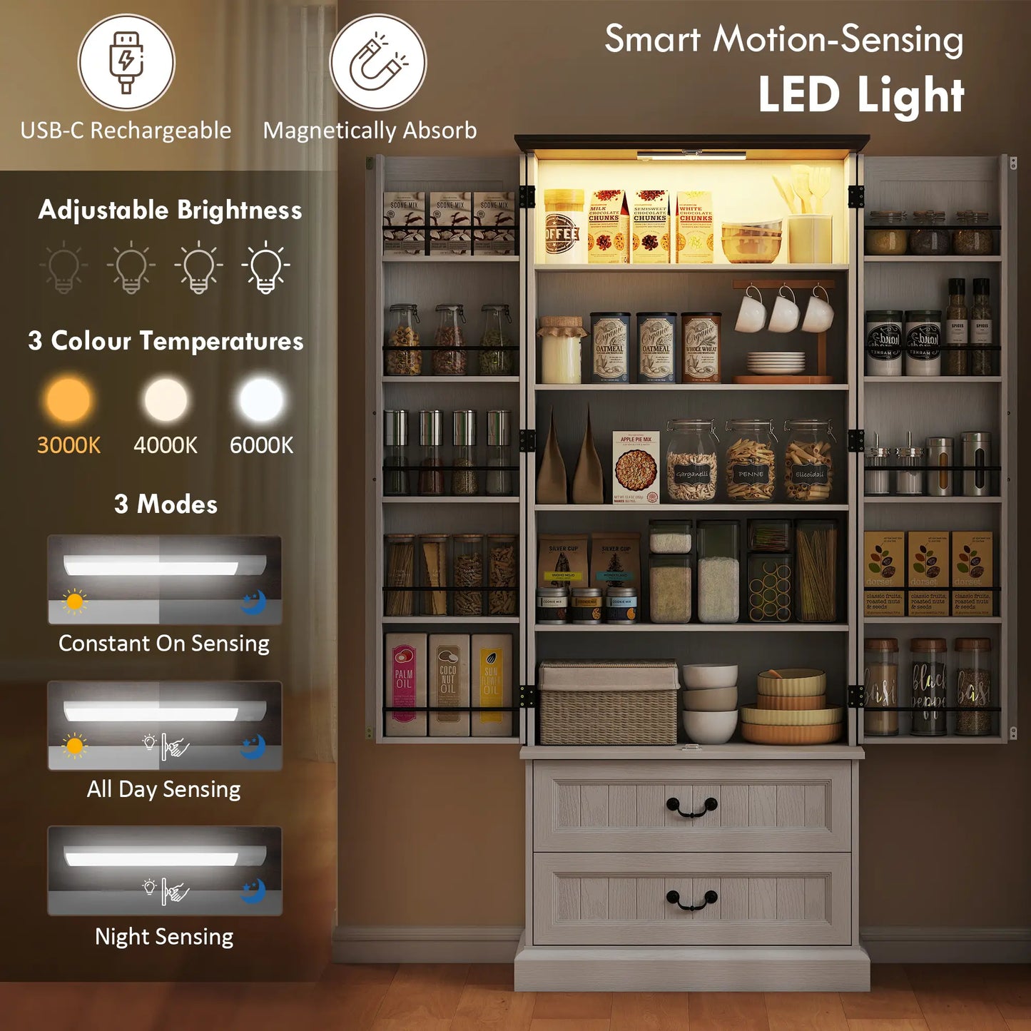 72" LED Kitchen Pantry Cabinet, 10 Door Shelves, 2 Drawers, White Kitchen Pantry Cabinets at Gallery Canada