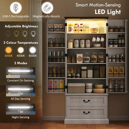 72" LED Kitchen Pantry Cabinet, 10 Door Shelves, 2 Drawers, White Kitchen Pantry Cabinets at Gallery Canada