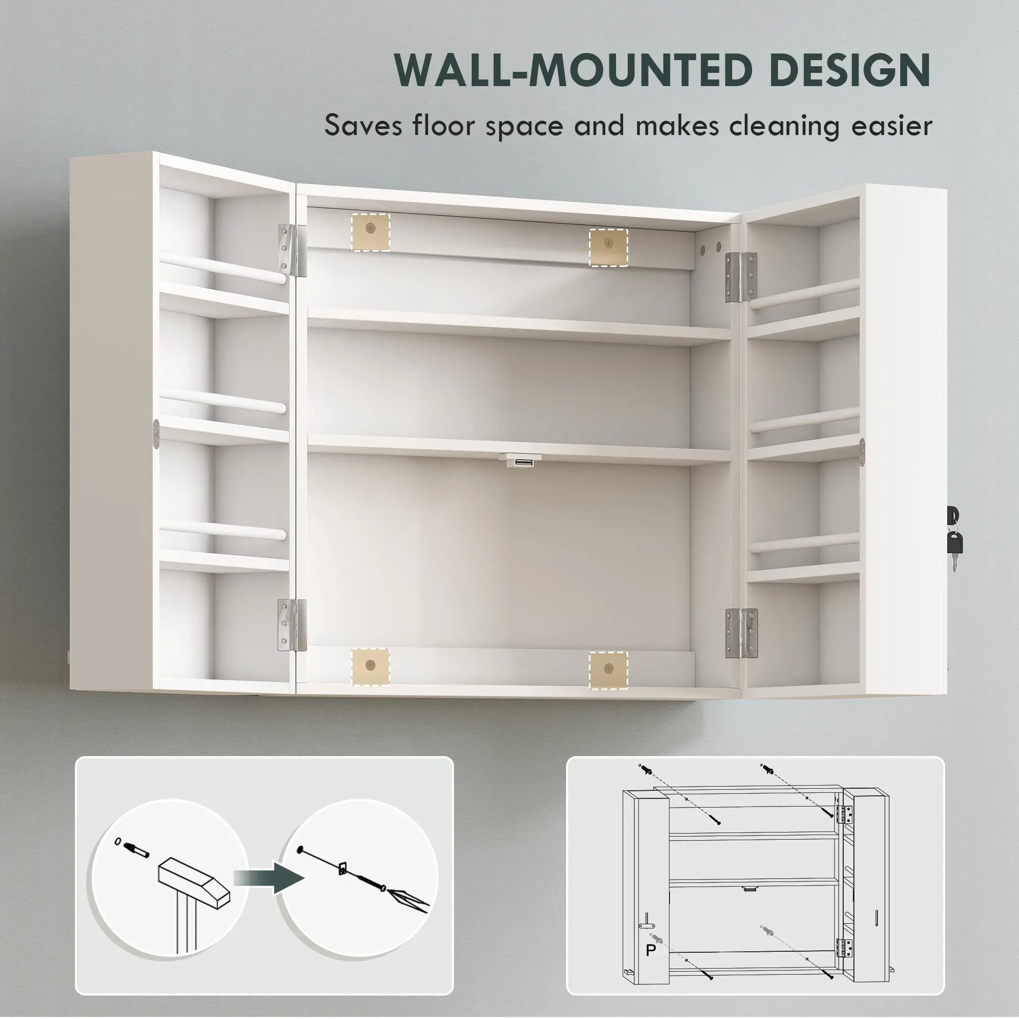 Wall Mount Medicine Cabinet, 4 Tier Shelves, Lockable, White Mirror Medicine Cabinets at Gallery Canada