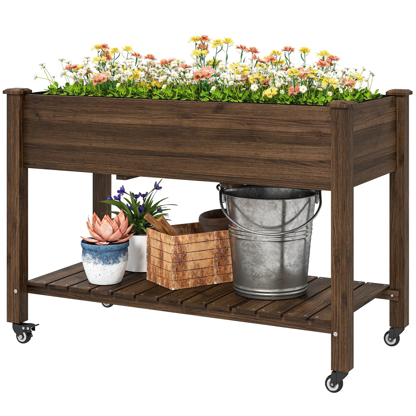 Mobile Raised Garden Bed, Elevated Wood Planter Box, Lockable Wheels, Storage Shelf, Carbonized