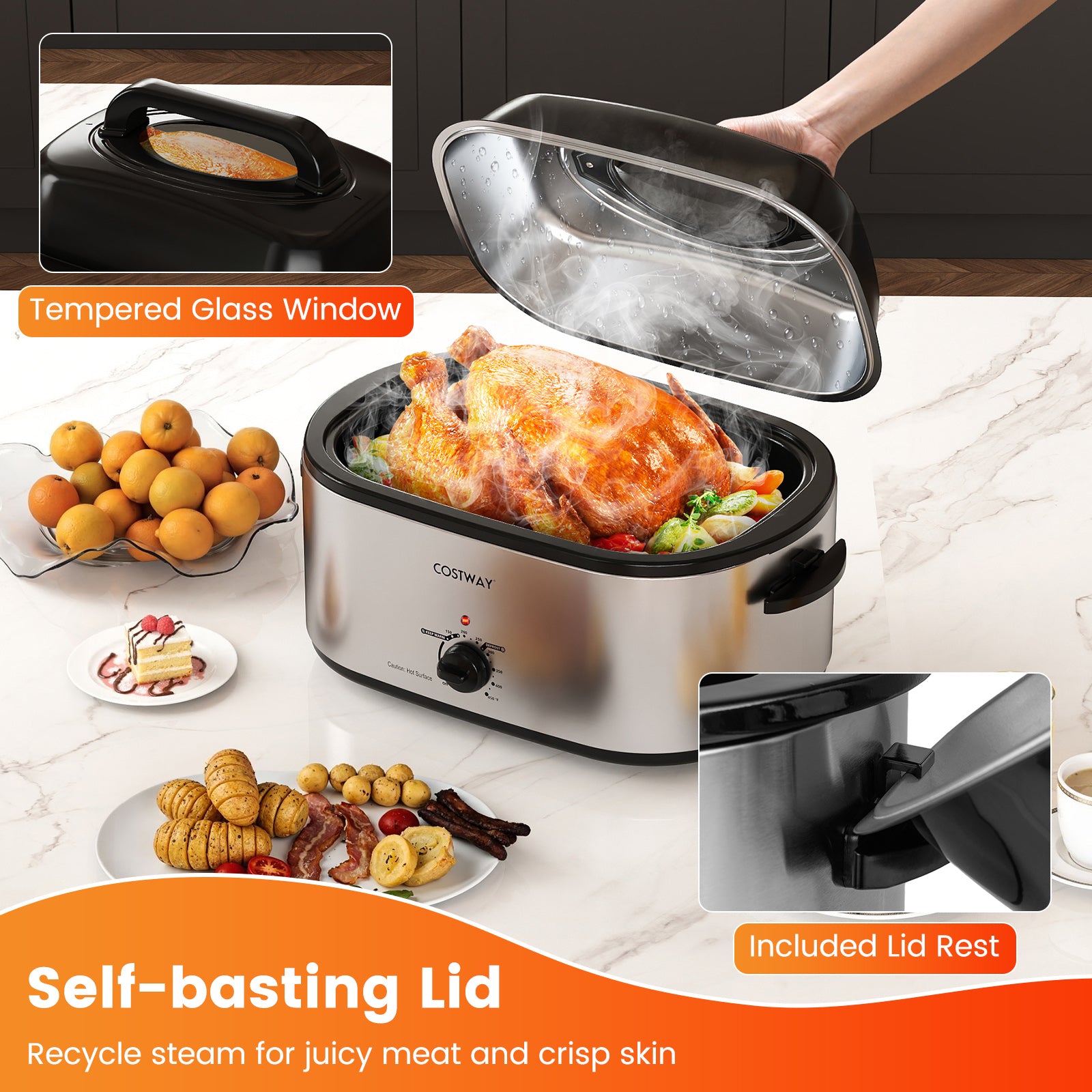 22QT Electric Roaster Oven, Self-Basting Lid, Silver Cookware & Bakeware at Gallery Canada