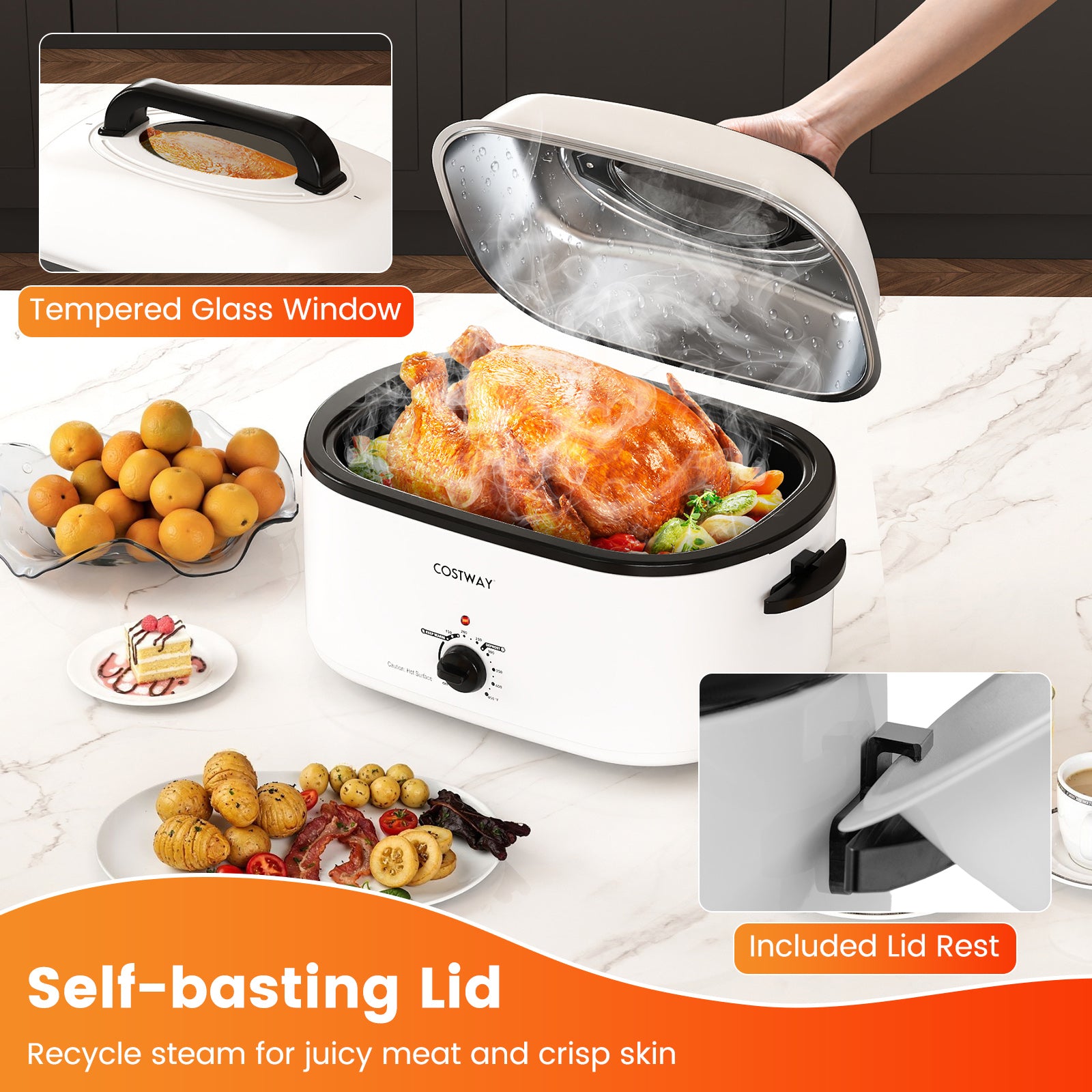 22QT Electric Roaster Oven, Self-Basting Lid, White Cookware & Bakeware at Gallery Canada