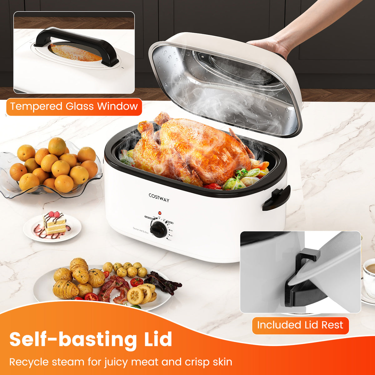 22QT Electric Roaster Oven, Self-Basting Lid, White Cookware & Bakeware at Gallery Canada