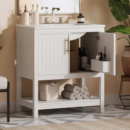 Bathroom Vanity with Ceramic Sink, Gold Handles, Soft Close Doors, 30" L x 18.5" W x 34" H, White Sink Cabinets at Gallery Canada