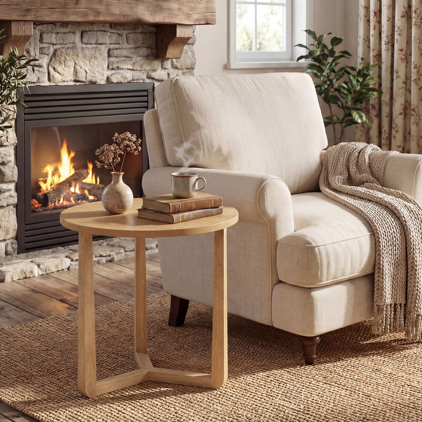 22.5 Inch Round Side Table, Farmhouse End Table, Natural