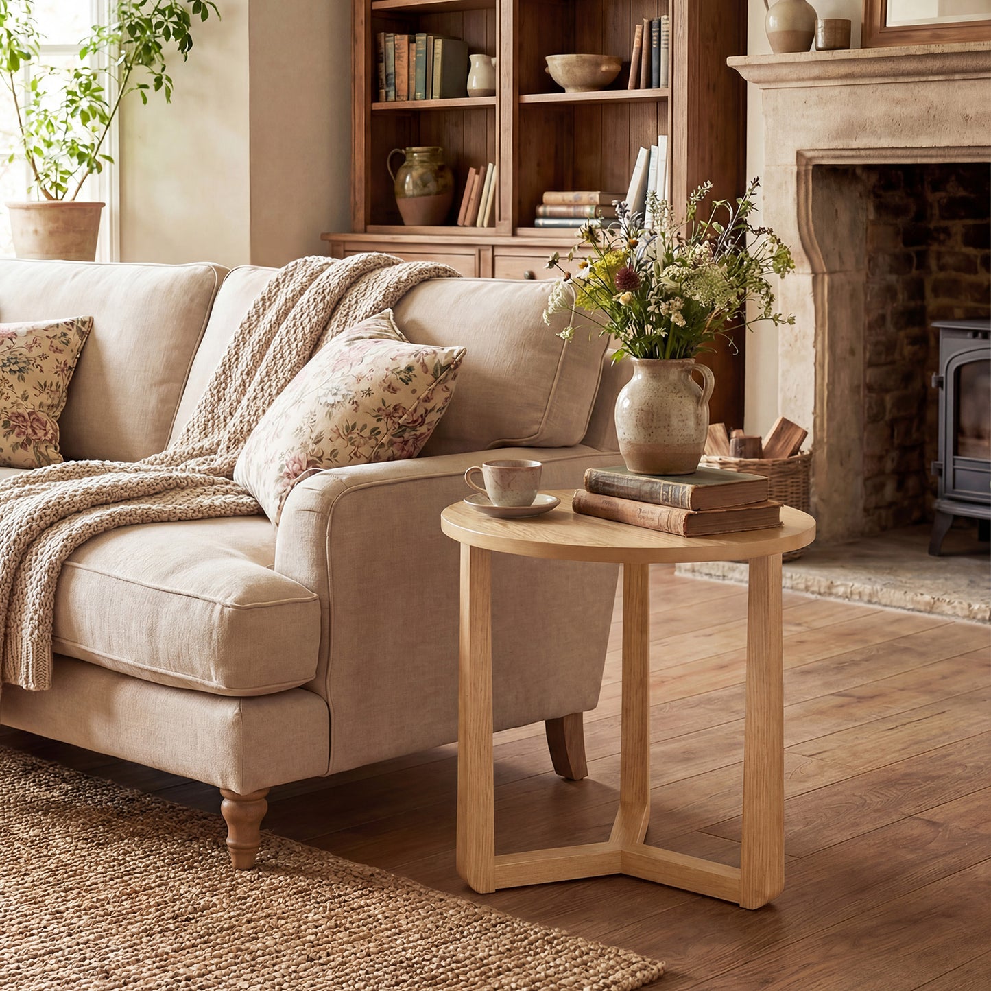 22.5 Inch Round Side Table, Farmhouse End Table, Natural