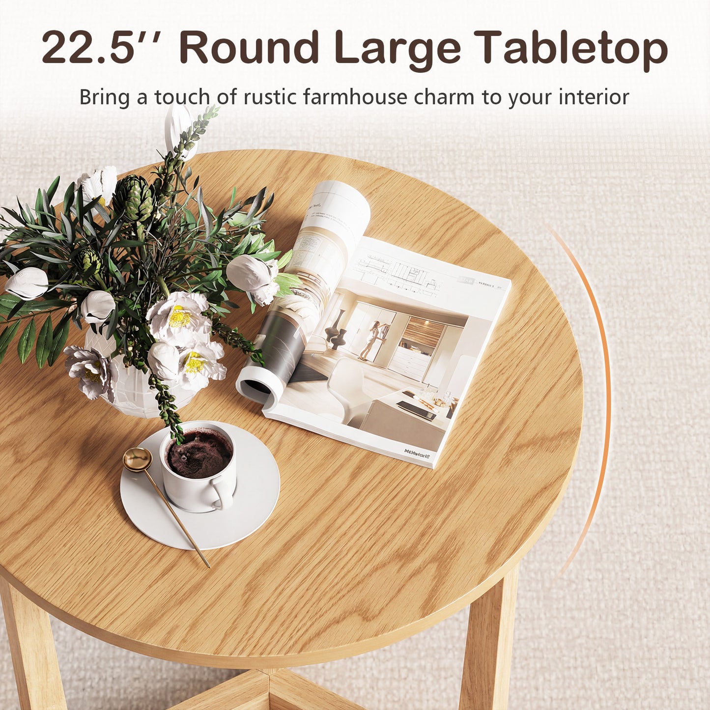 22.5 Inch Round Side Table, Farmhouse End Table, Natural