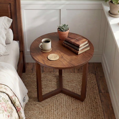 22.5 Inch Round Side Table, Farmhouse End Table, Walnut