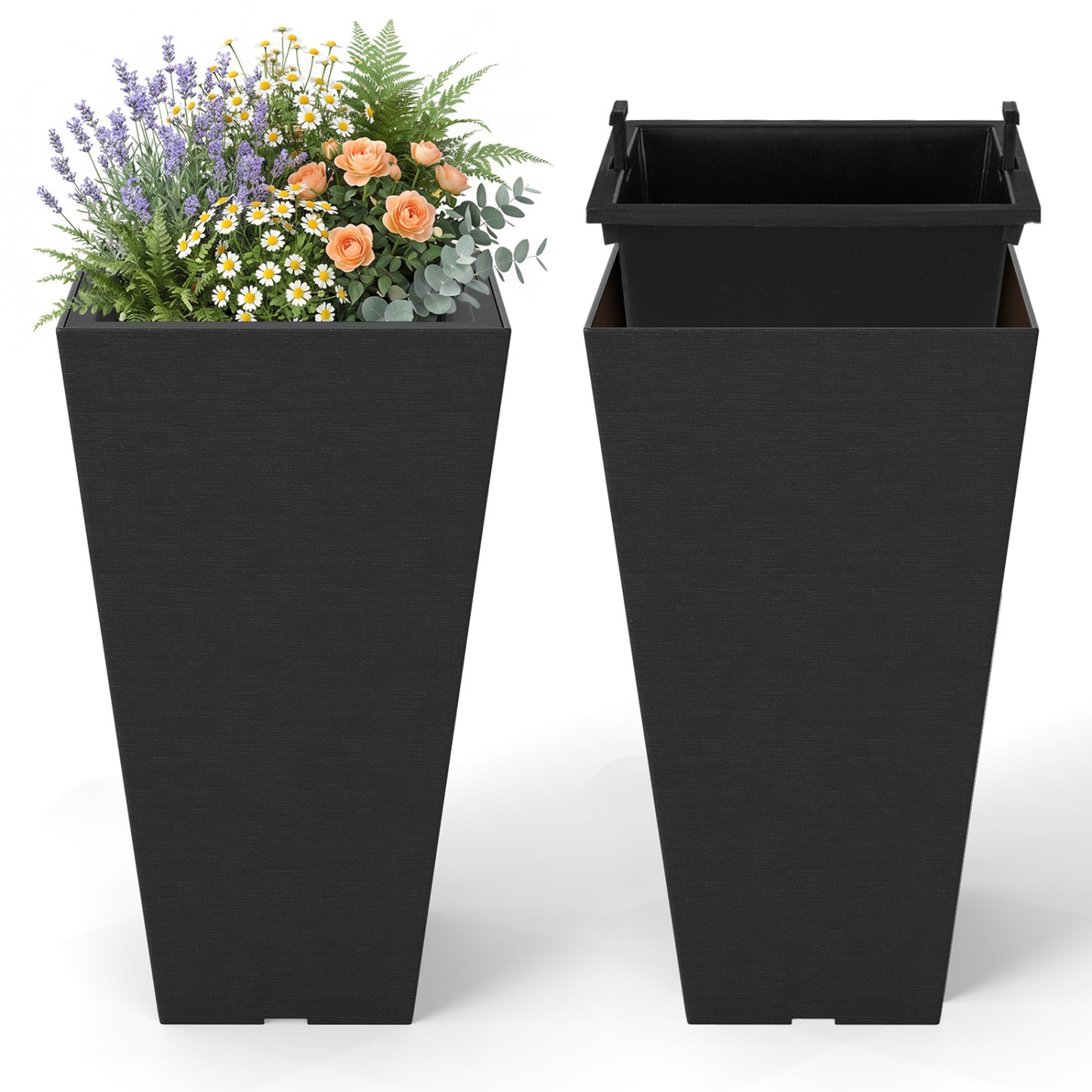 22.5 In Tall Square Planter Set Of 2, Self-Watering Flower Pots, Black