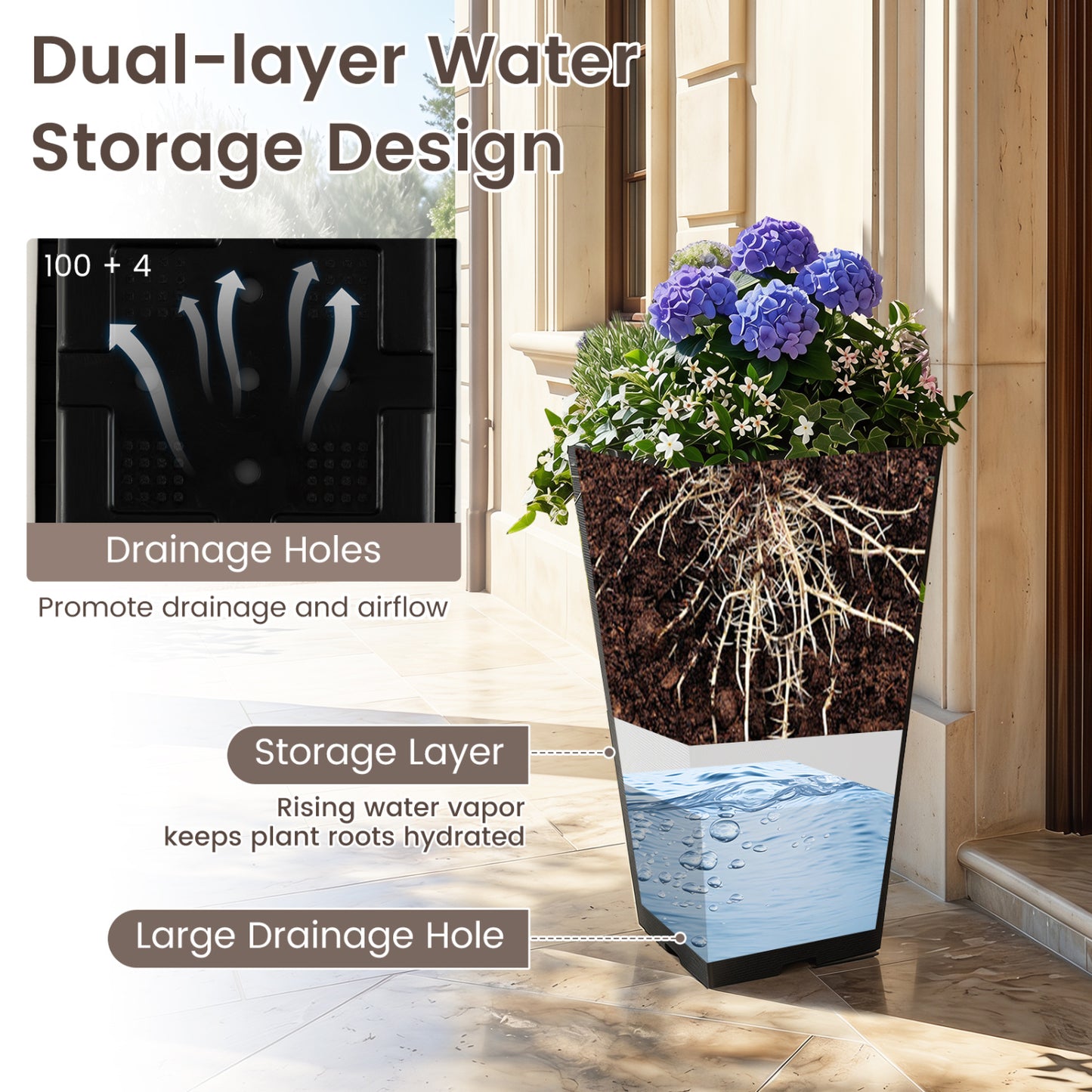 22.5 In Tall Square Planter Set Of 2, Self-Watering Flower Pots, Black