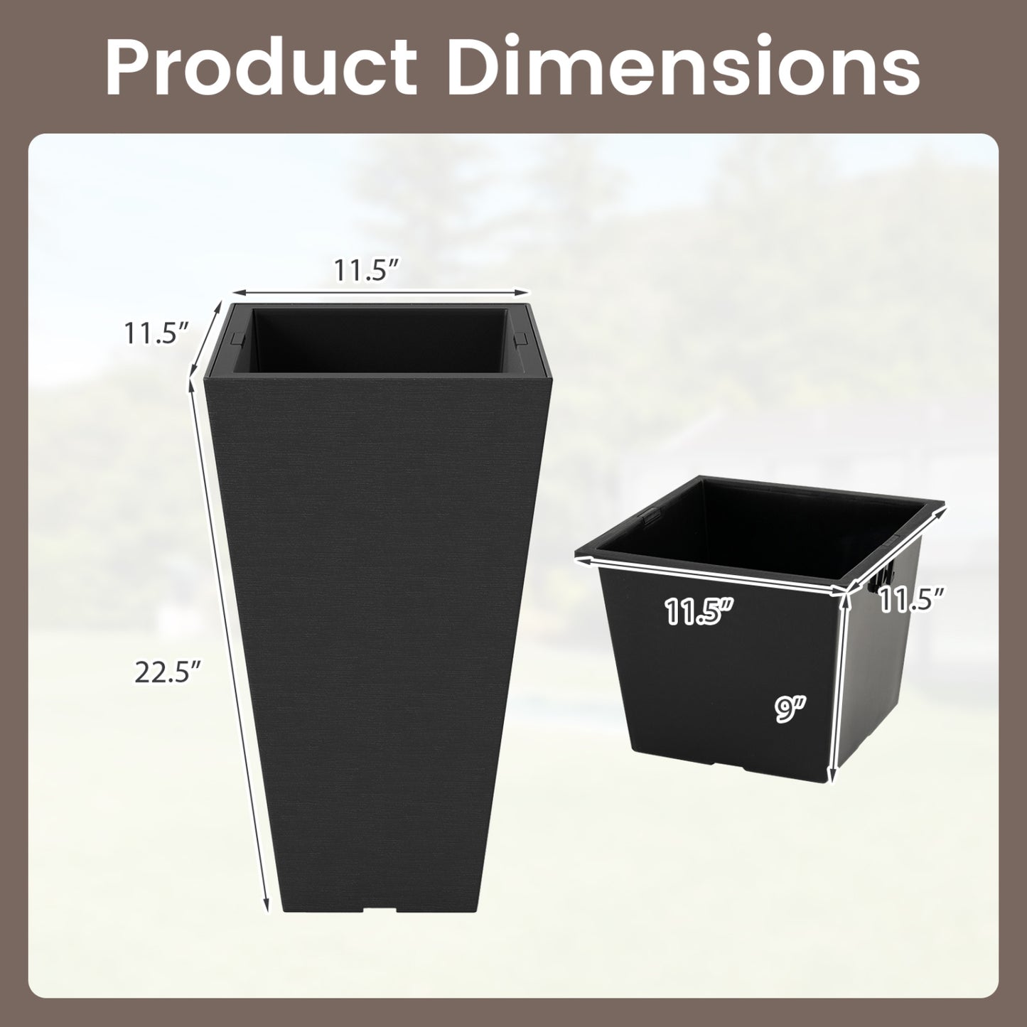 22.5 In Tall Square Planter Set Of 2, Self-Watering Flower Pots, Black