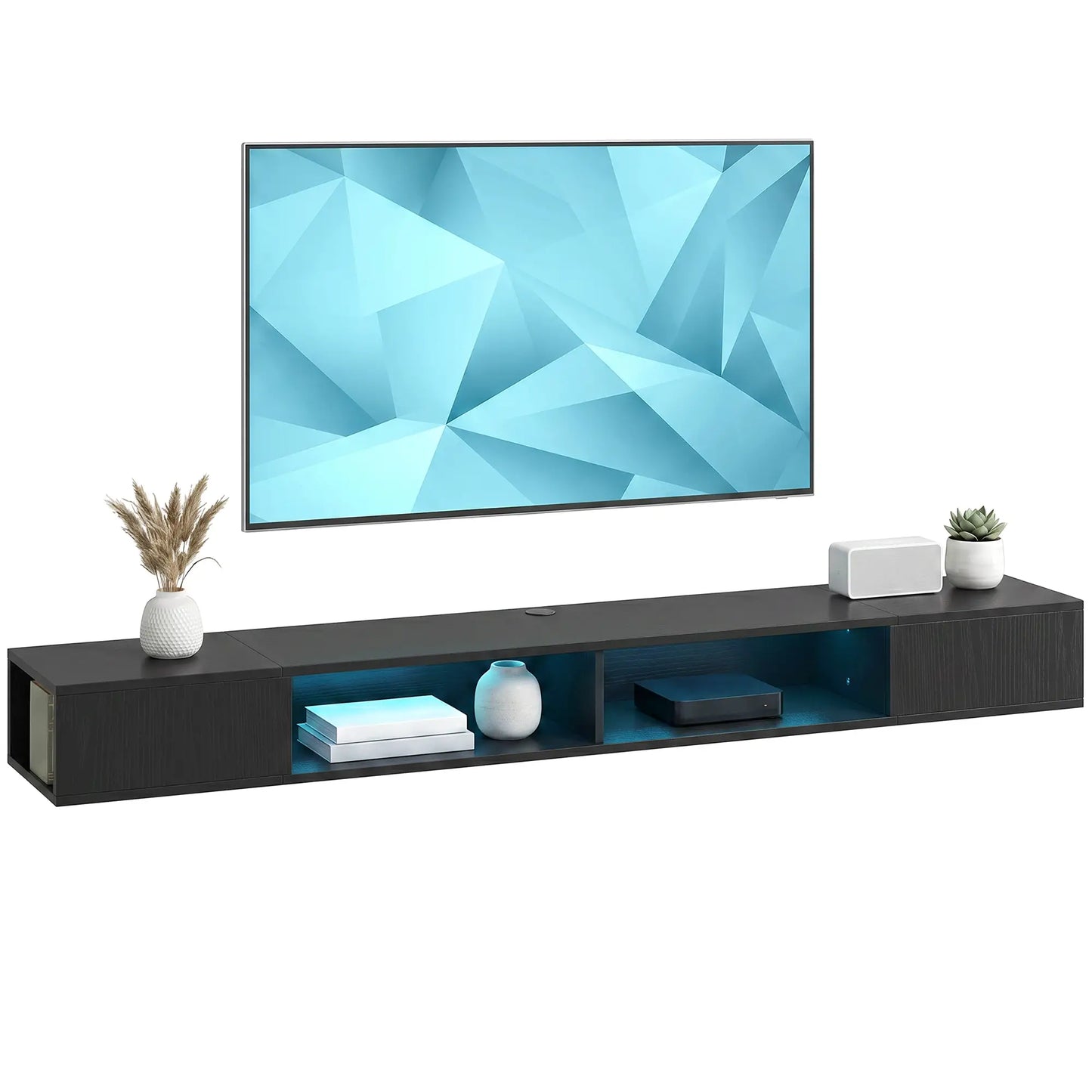 TV Stand with RGB LED Lights, Entertainment Center with Open Shelves for 75 Inch TV, Black Wood Grain
