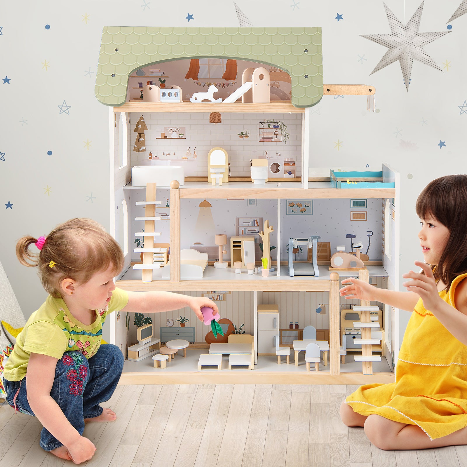 Wooden Dollhouse With 33 PCS Furniture, Green Play Tents & Playhouse at Gallery Canada