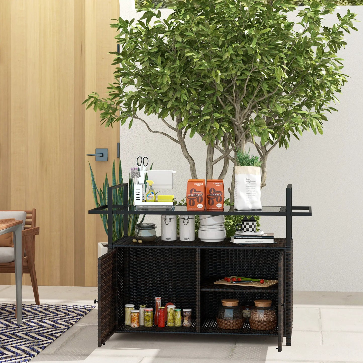 2-Tier PE Rattan Bar Cart, Glass Top Outdoor Kitchen Island, Mixed Brown, Brown Kitchen Islands & Kitchen Carts at Gallery Canada