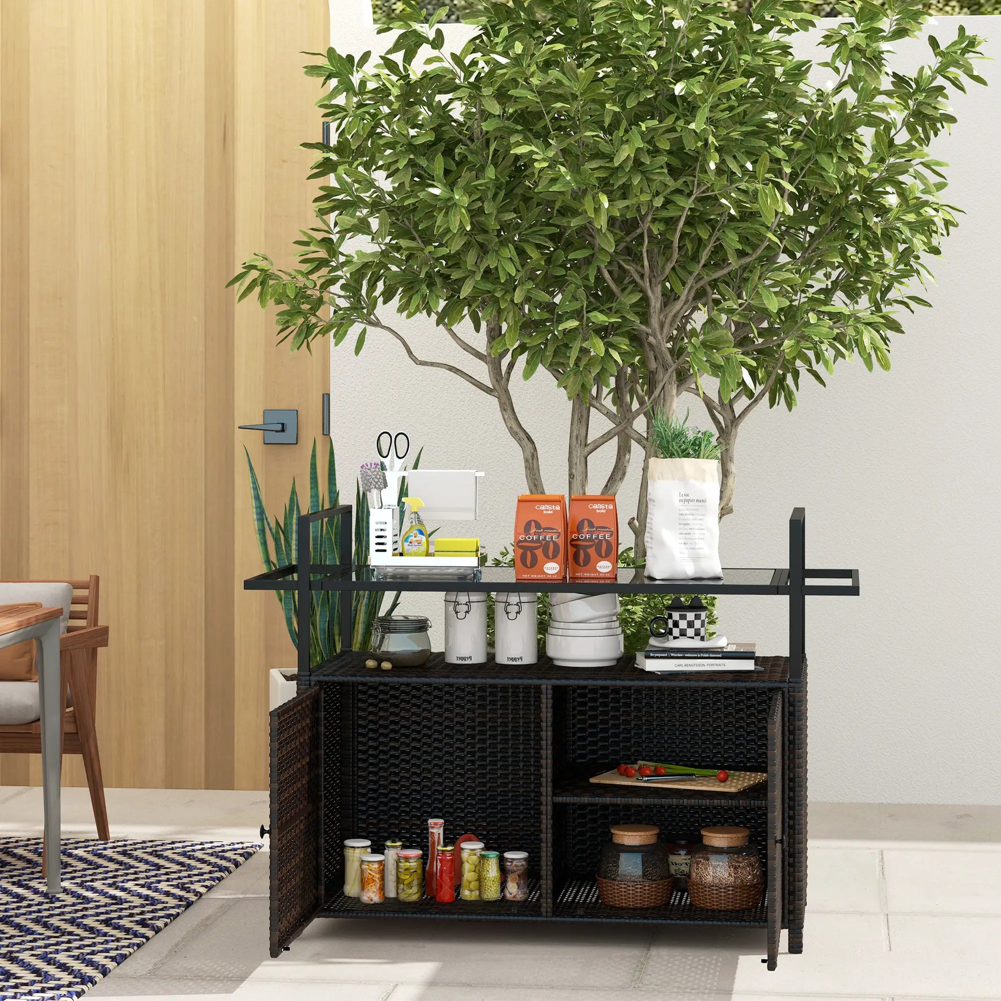 2-Tier PE Rattan Bar Cart, Glass Top Outdoor Kitchen Island, Mixed Brown, Brown Kitchen Islands & Kitchen Carts at Gallery Canada