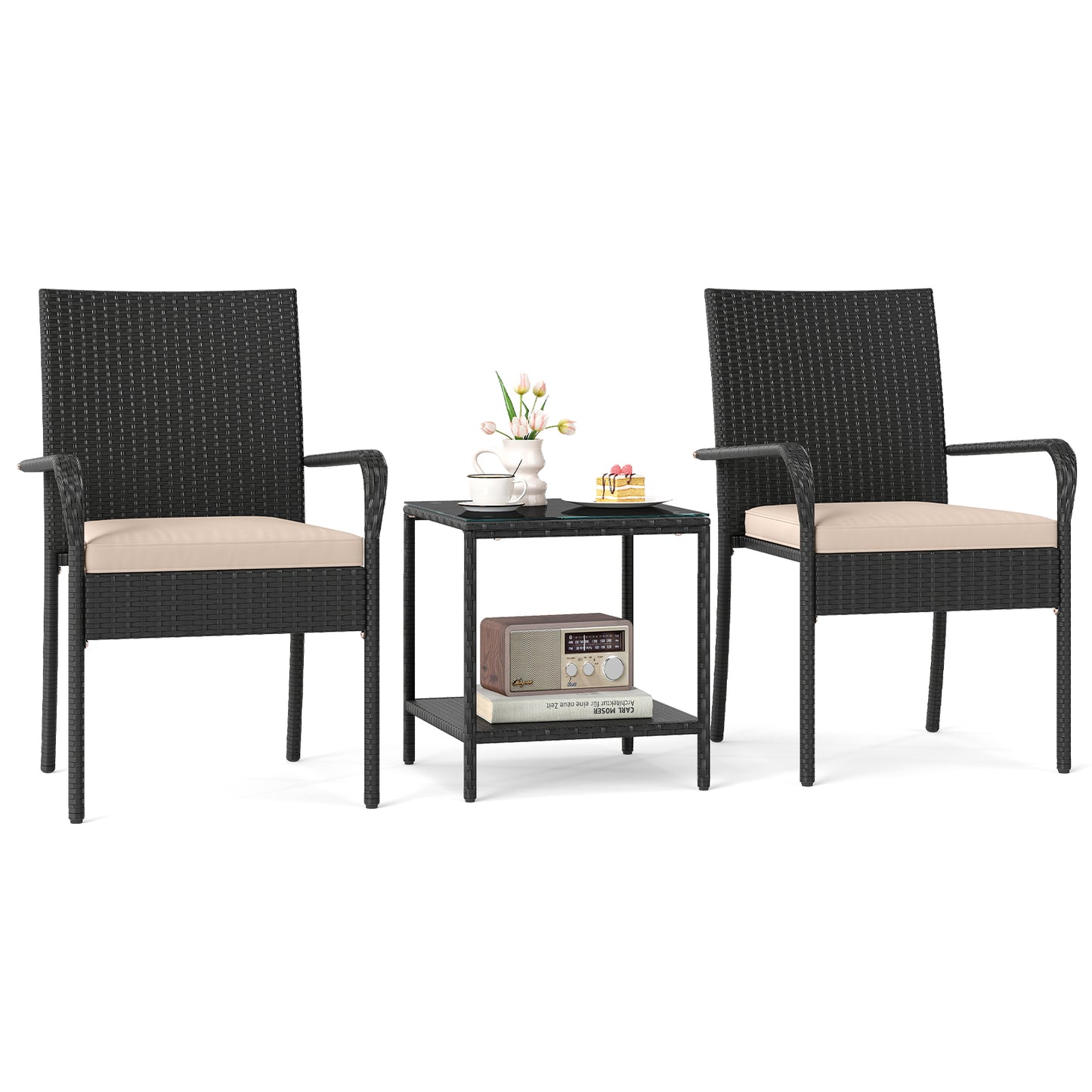 3 Piece Patio Furniture Set with Seat Cushions and Tempered Glass Tabletop, Beige Patio Conversation Sets at Gallery Canada