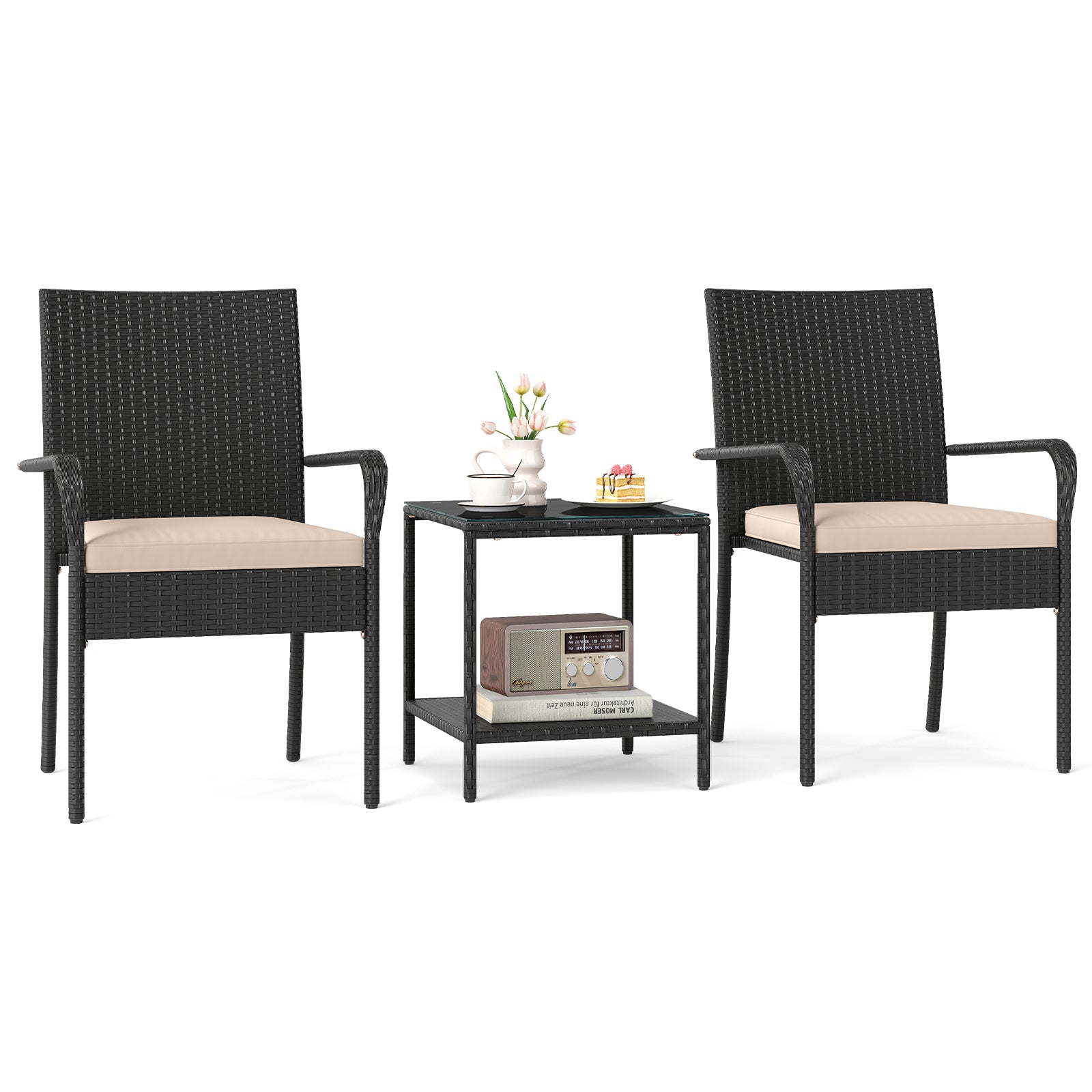 3 Piece Patio Furniture Set with Seat Cushions and Tempered Glass Tabletop, Beige Patio Conversation Sets at Gallery Canada