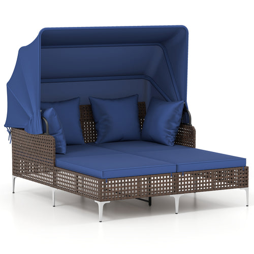 Outdoor Daybed with Retractable Canopy PE Wicker Rattan Patio Lounger, Navy