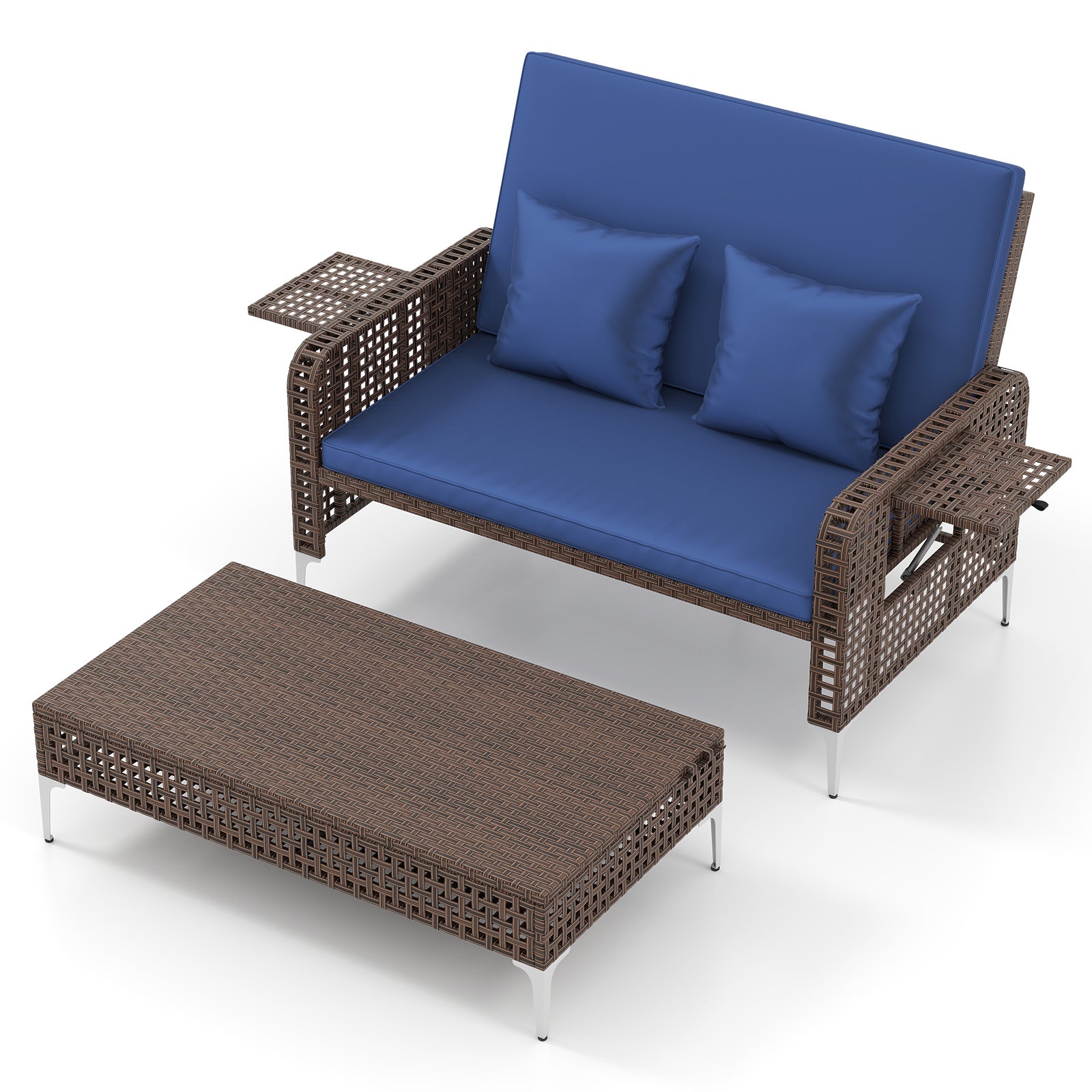 2 Piece Patio Rattan Daybed Wicker Loveseat and Ottoman with Adjustable Backrest, Navy Outdoor Sectionals at Gallery Canada