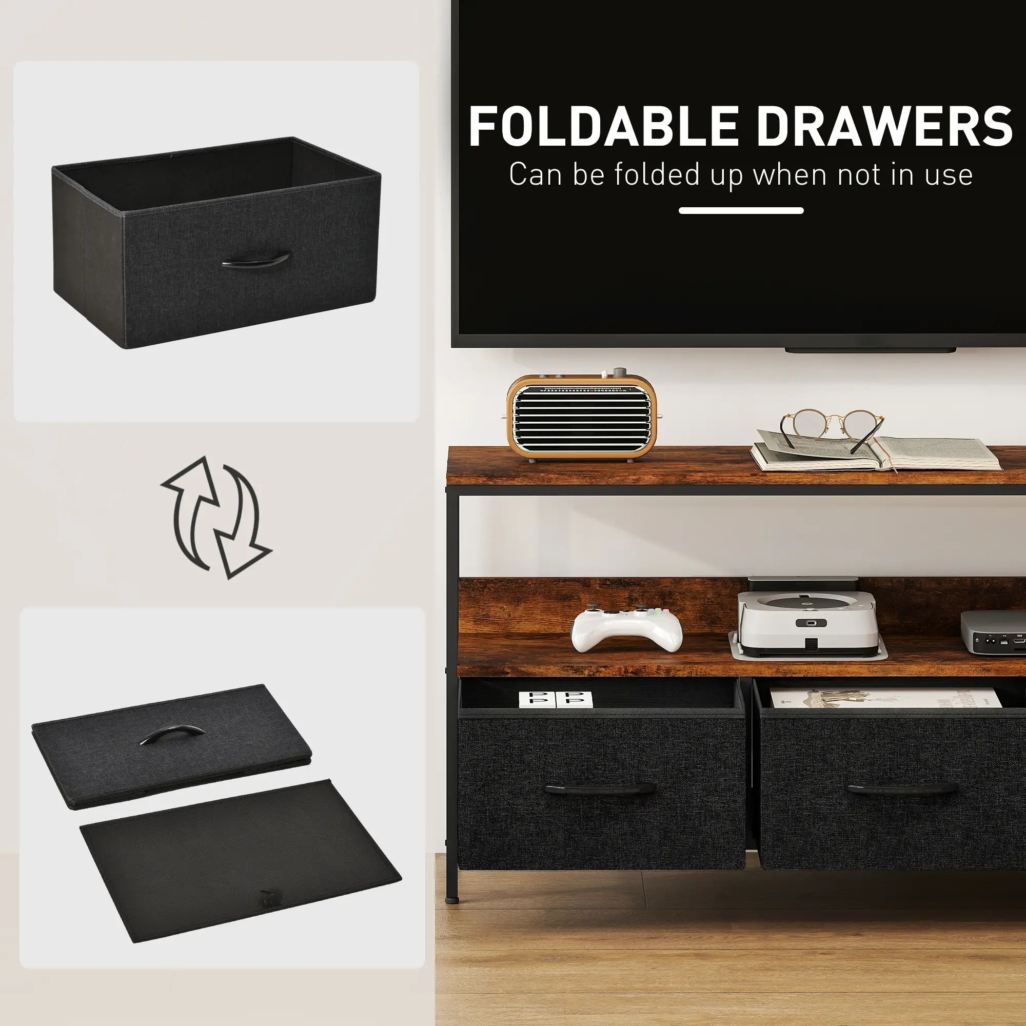 TV Stand with Charging Station, 3 Foldable Drawers, 55 Inch, Rustic Brown TV Stands at Gallery Canada