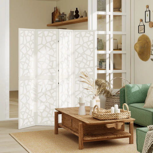 4 Panel Room Divider, 5.6 FT Geometric Pattern Privacy Screen, White Room Dividers White at Gallery Canada