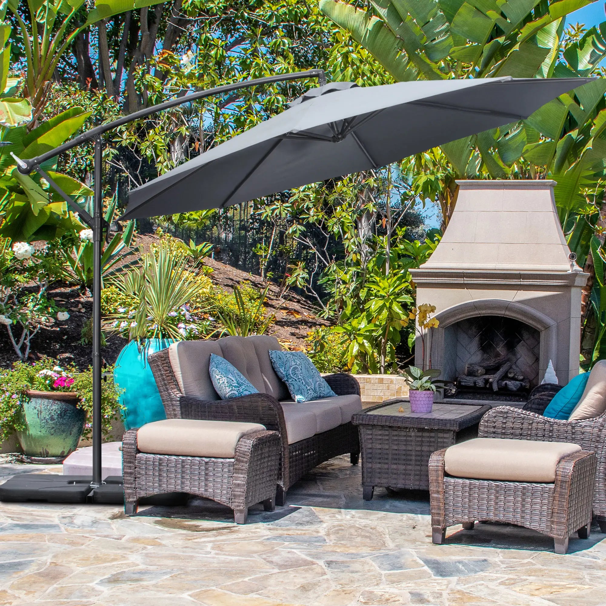 9.6ft Offset Patio Umbrella, Hanging Parasol, Crank, Dark Grey Cantilever Umbrellas at Gallery Canada