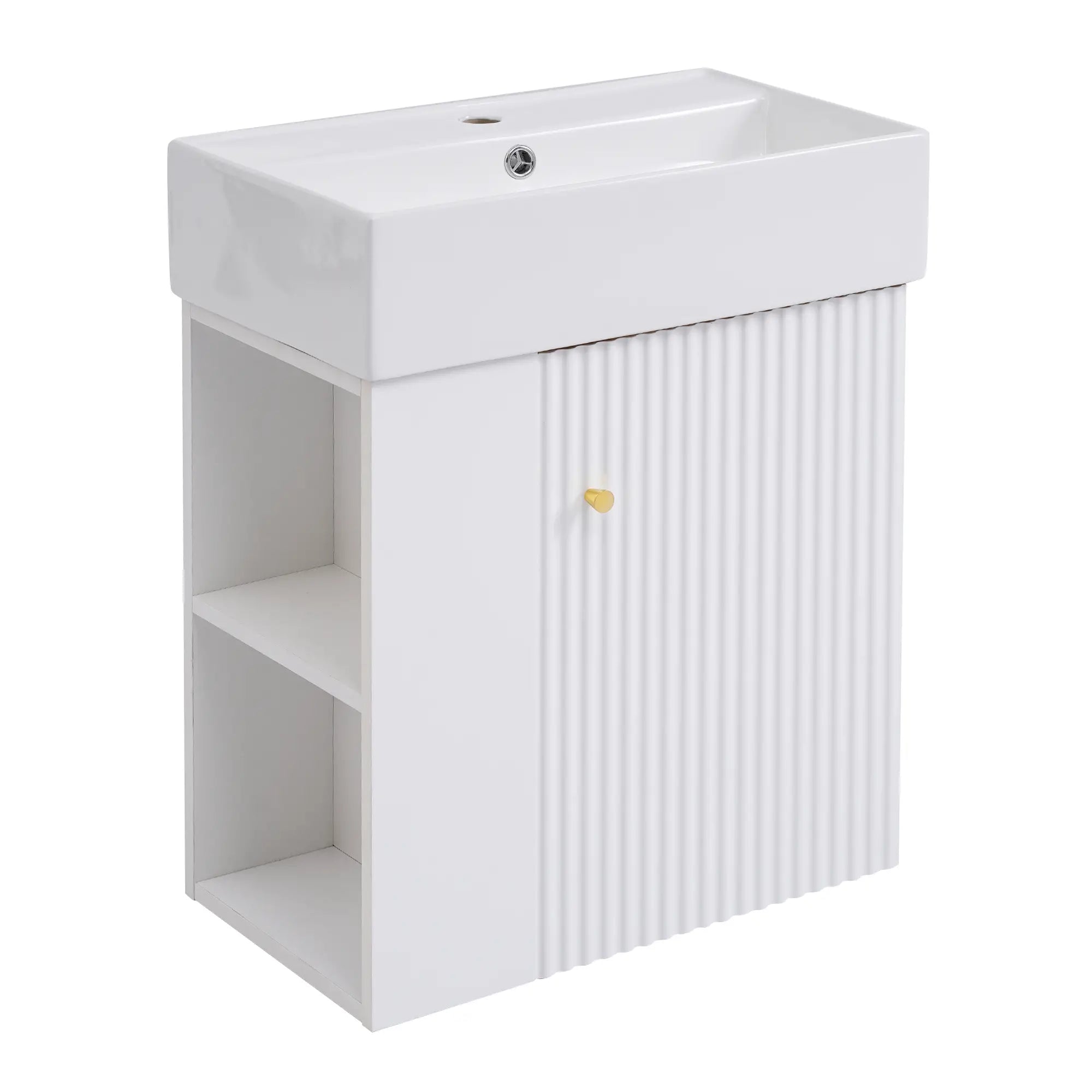 Floating Bathroom Vanity, Ceramic Basin, Side Storage, Rose Gold Handle, 21.5