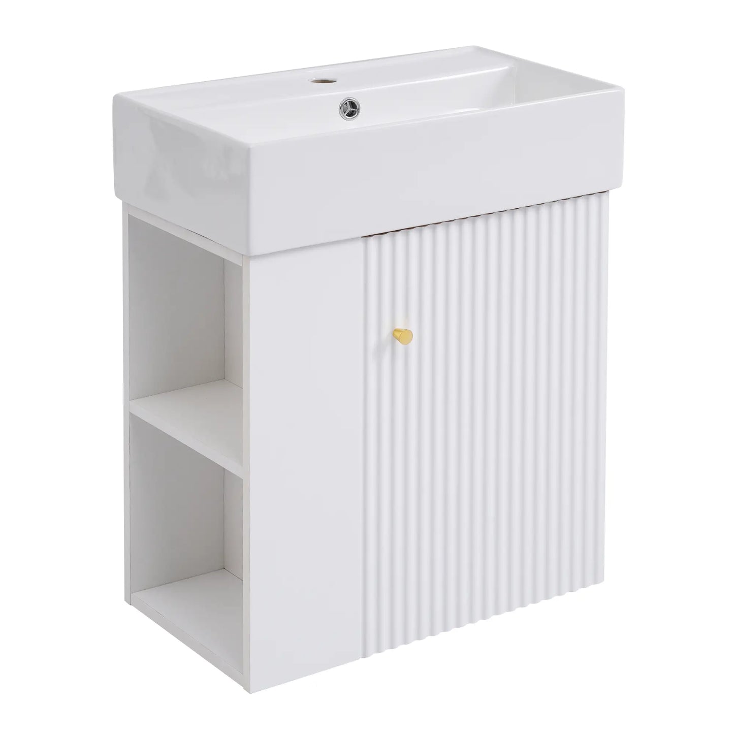 Floating Bathroom Vanity, Ceramic Basin, Side Storage, Rose Gold Handle, 21.5" L x 12" W x 26.5" H, White Sink Cabinets Black at Gallery Canada