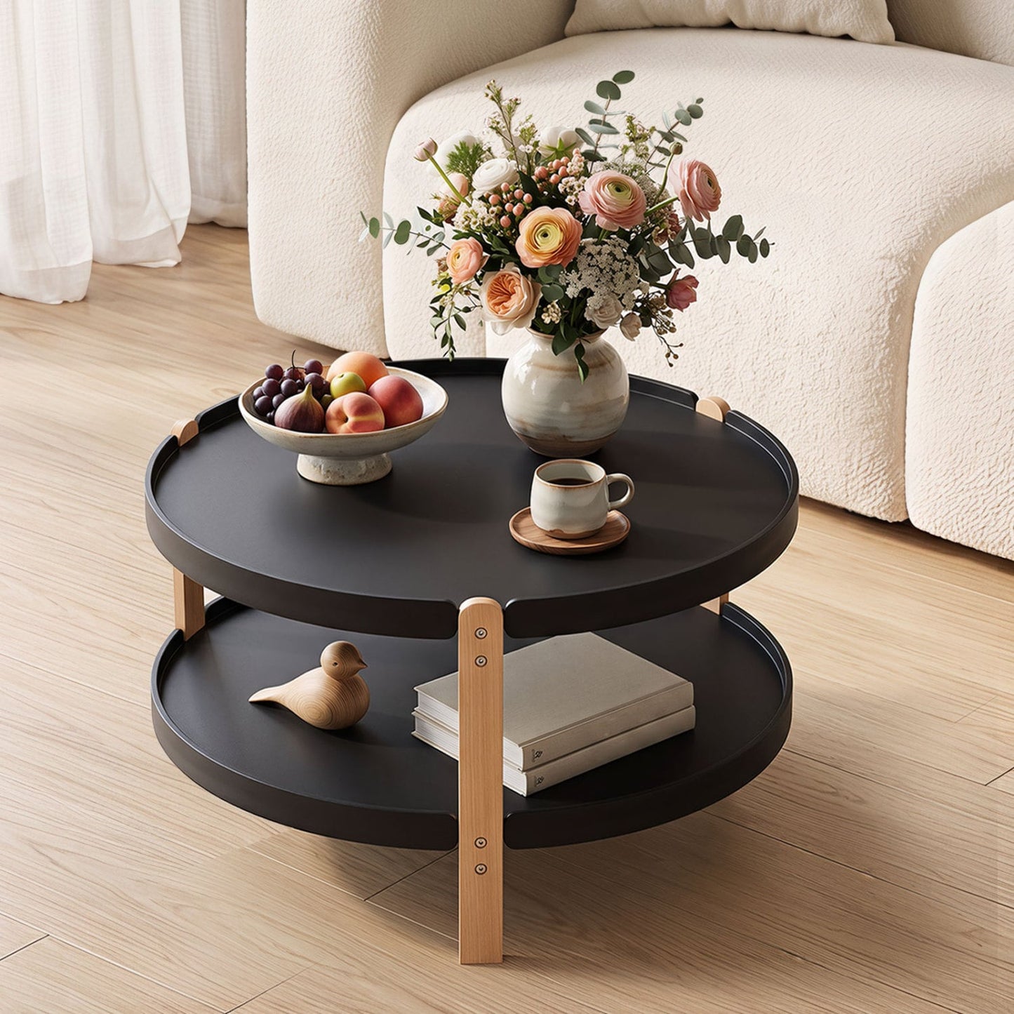 23.5" 2-Tier Round Coffee Table, Solid Wood Legs, Black