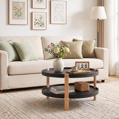 23.5" 2-Tier Round Coffee Table, Solid Wood Legs, Black