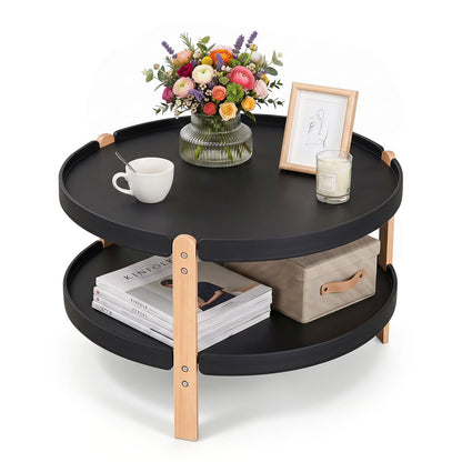 23.5" 2-Tier Round Coffee Table, Solid Wood Legs, Black
