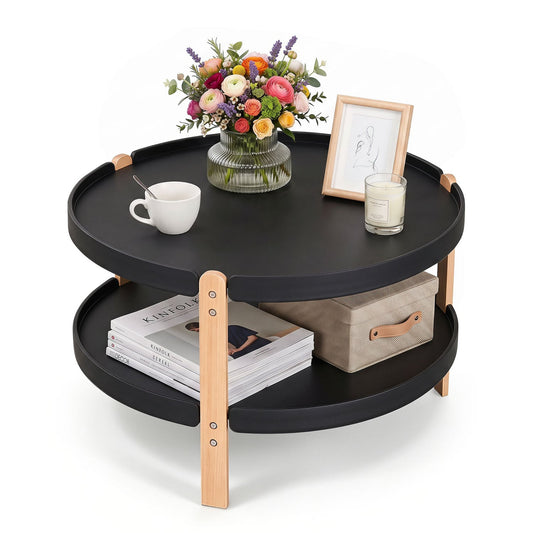 23.5" 2-Tier Round Coffee Table, Solid Wood Legs, Black Coffee Tables Black at Gallery Canada