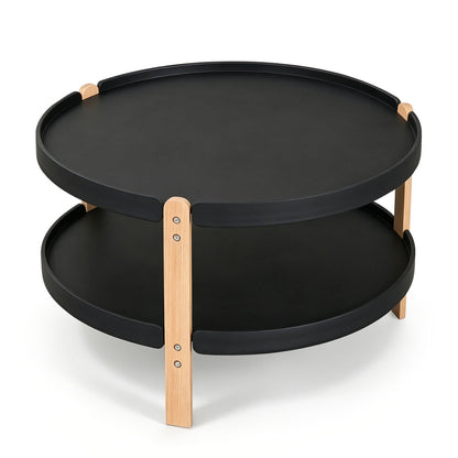 23.5" 2-Tier Round Coffee Table, Solid Wood Legs, Black
