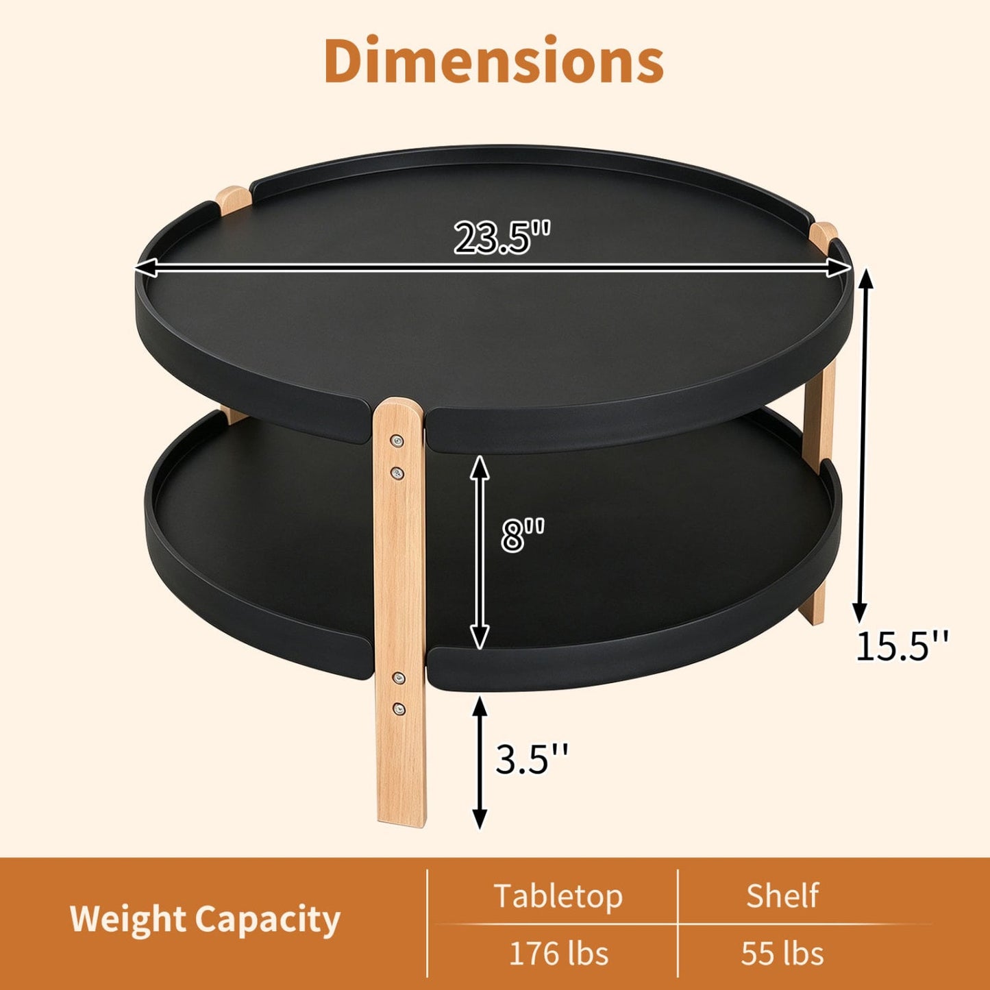 23.5" 2-Tier Round Coffee Table, Solid Wood Legs, Black