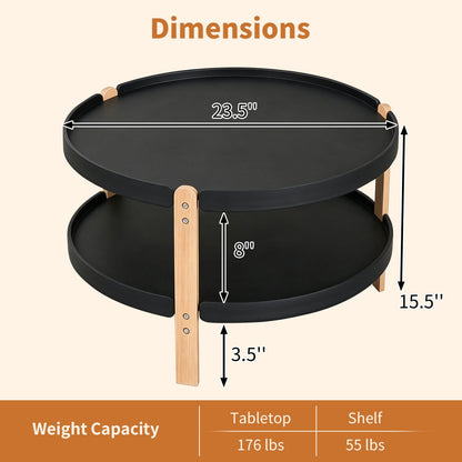 23.5" 2-Tier Round Coffee Table, Solid Wood Legs, Black