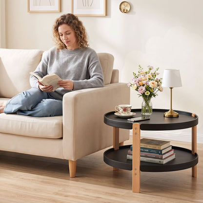 23.5" 2-Tier Round Coffee Table, Solid Wood Legs, Black