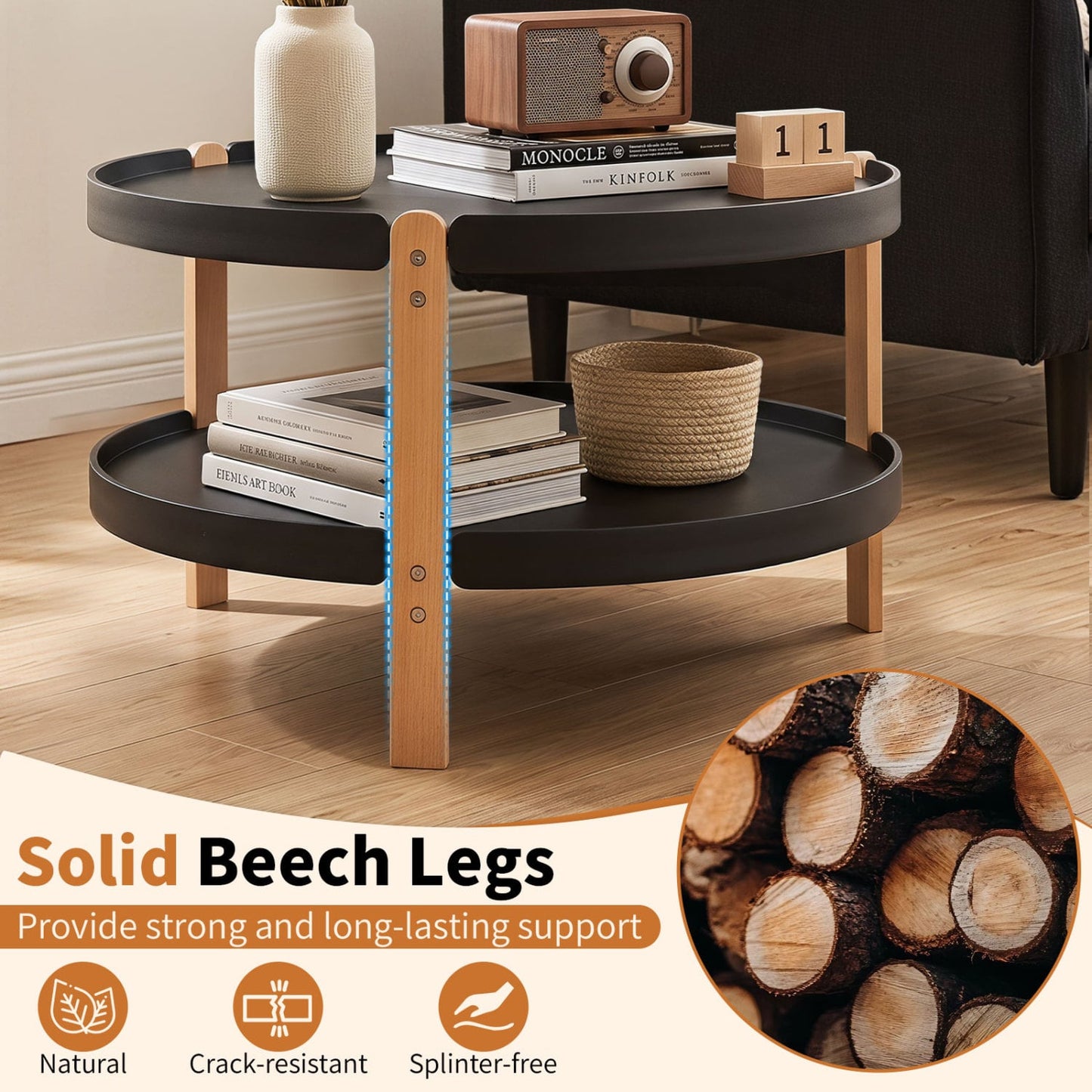 23.5" 2-Tier Round Coffee Table, Solid Wood Legs, Black