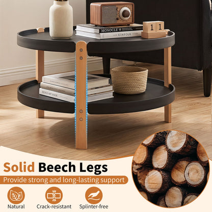 23.5" 2-Tier Round Coffee Table, Solid Wood Legs, Black